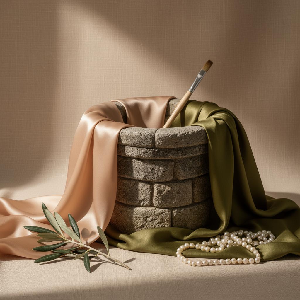 An editorial still life — a stone well draped in silk with an olive sprig, paintbrush and pearls, symbolising creative talent drawn from the source.